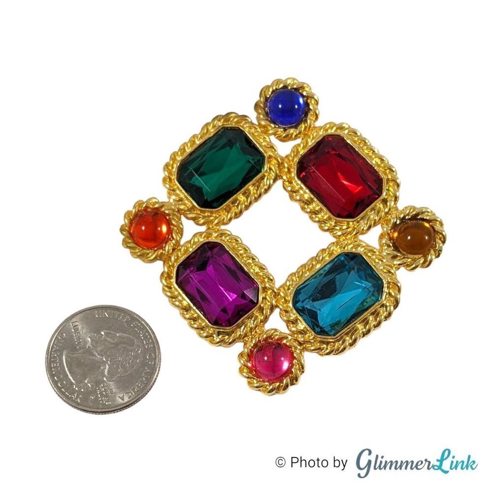 Contemporary Multicolor Rhinestone Open Square Gold Tone Brooch - Picture 4 of 6